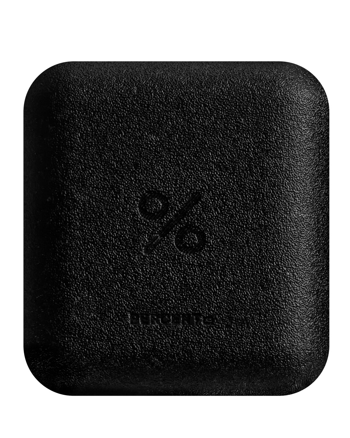 The back of the square black, textured outer packaging for the cream, featuring an embossed percent (%) logo and the brand name at the bottom.