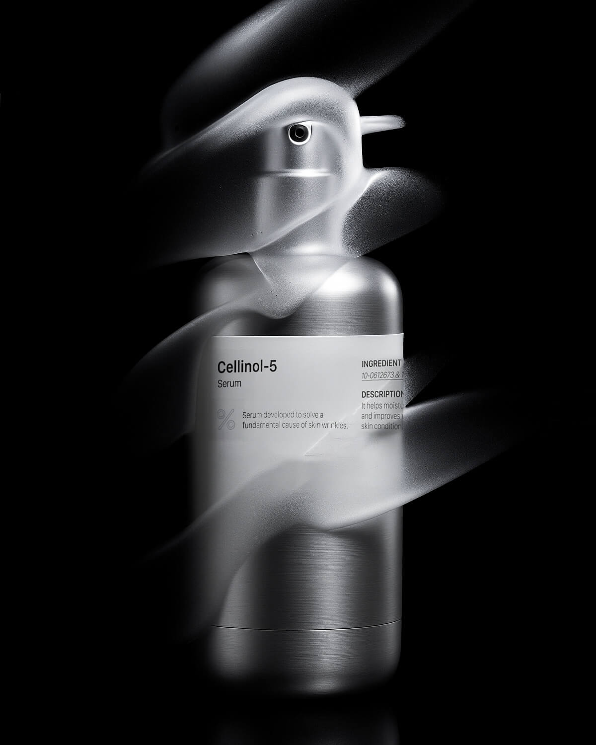 Close-up of the Cellinol-5 Serum silver bottle with motion blur effects in black and white, giving it a dynamic, mysterious, and high-tech feel.