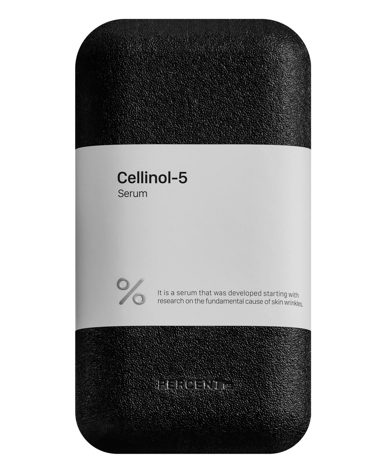 The front of the black, textured, rectangular outer packaging for the Cellinol-5 Serum, with a white label describing it as a serum developed starting with research on the fundamental cause of skin wrinkles.