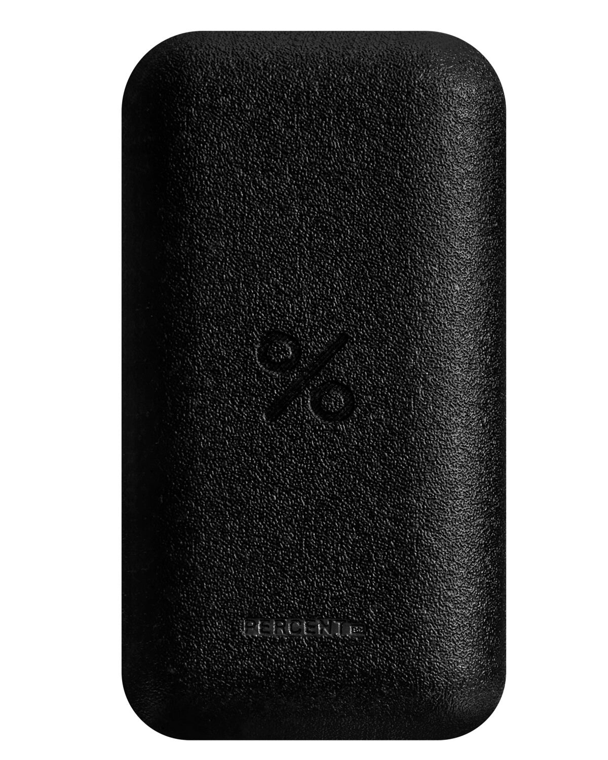 The back of the black, textured, rectangular outer packaging for the serum, showing an embossed percent (%) logo and the brand name at the bottom.