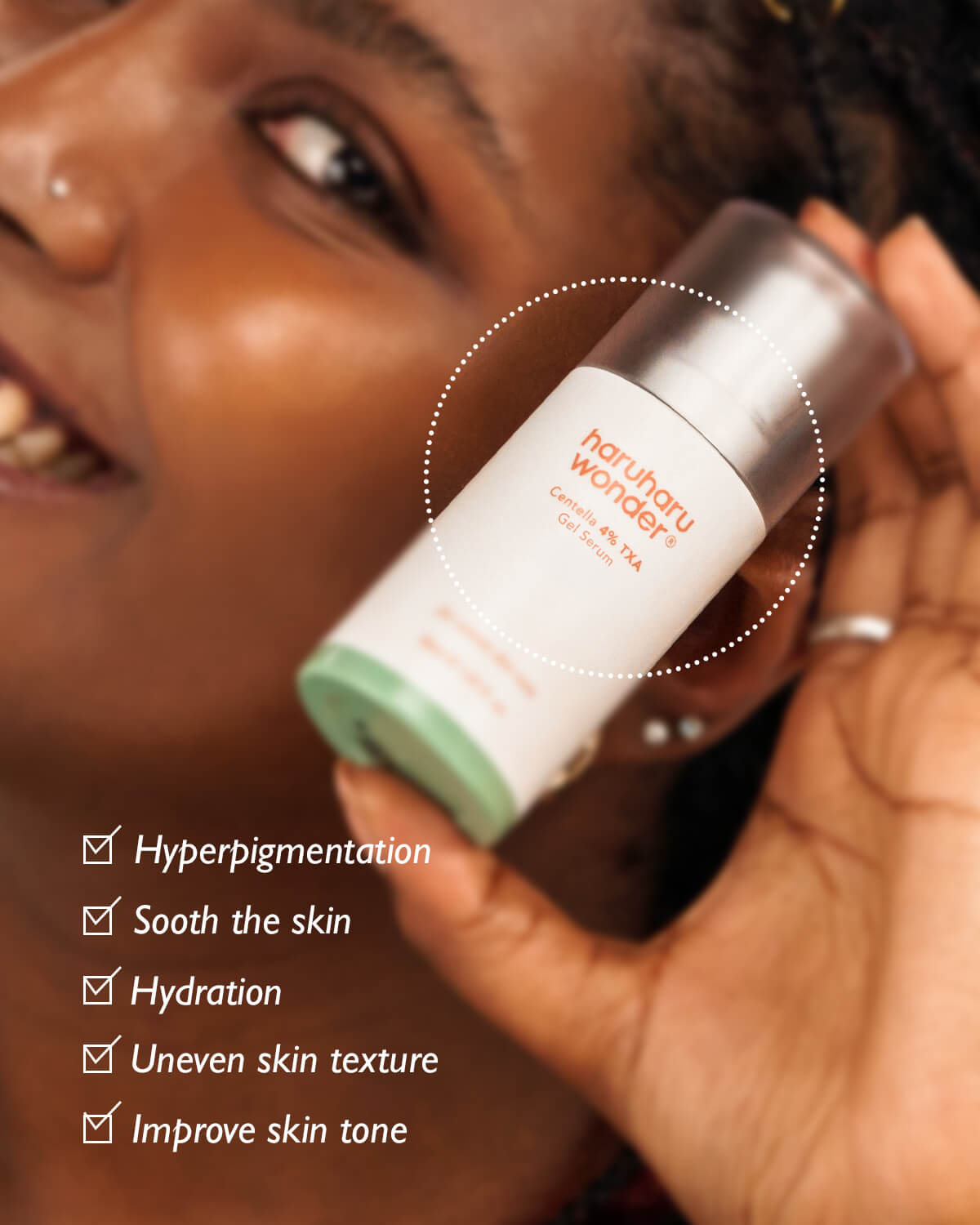 Woman holding Haruharu Wonder Centella TXA Gel Serum targeting hyperpigmentation and hydration.