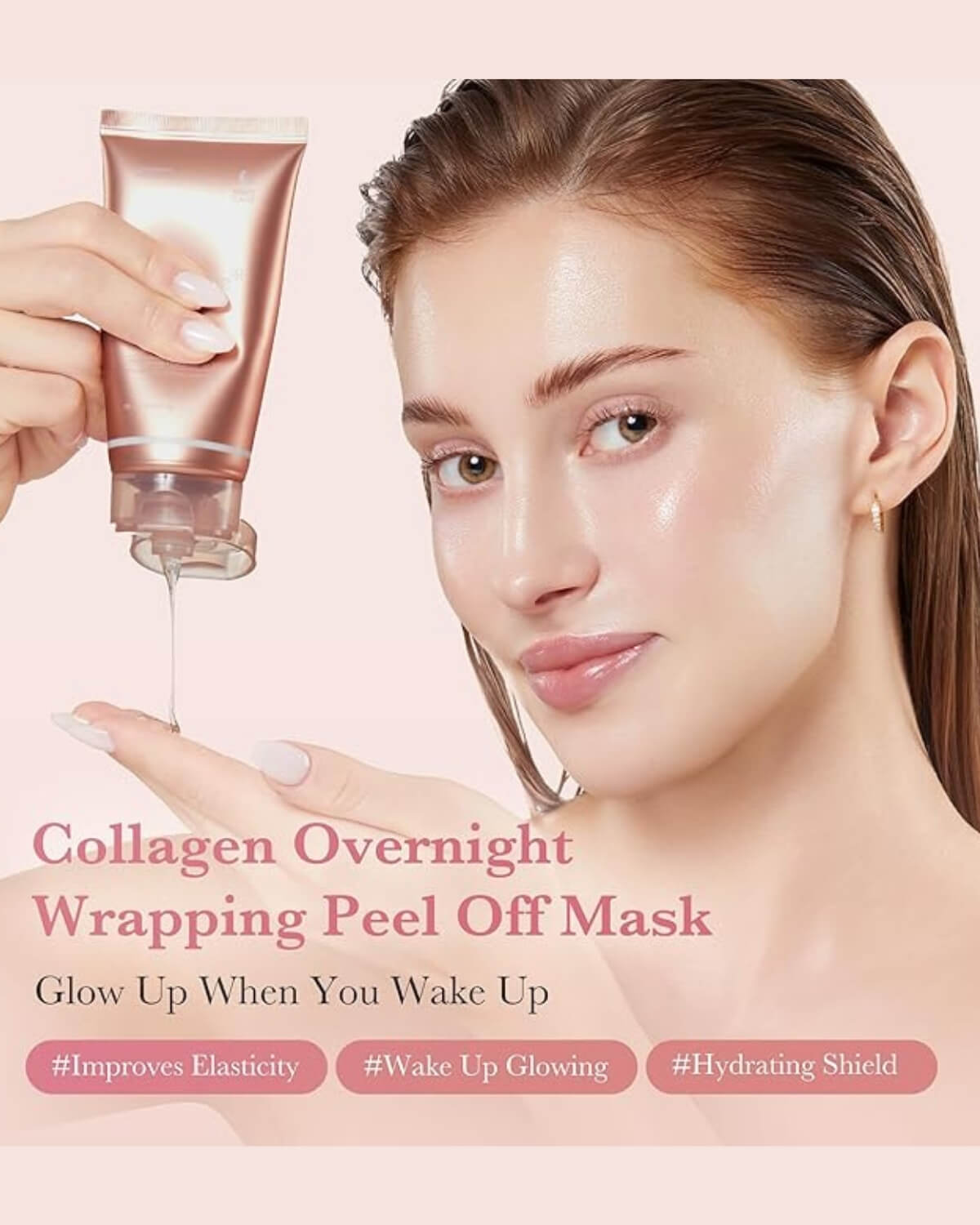 Medicube Collagen Night Wrapping Mask, infographic - collagen overnight wrapping peel off mask, model showing product texture on her hand