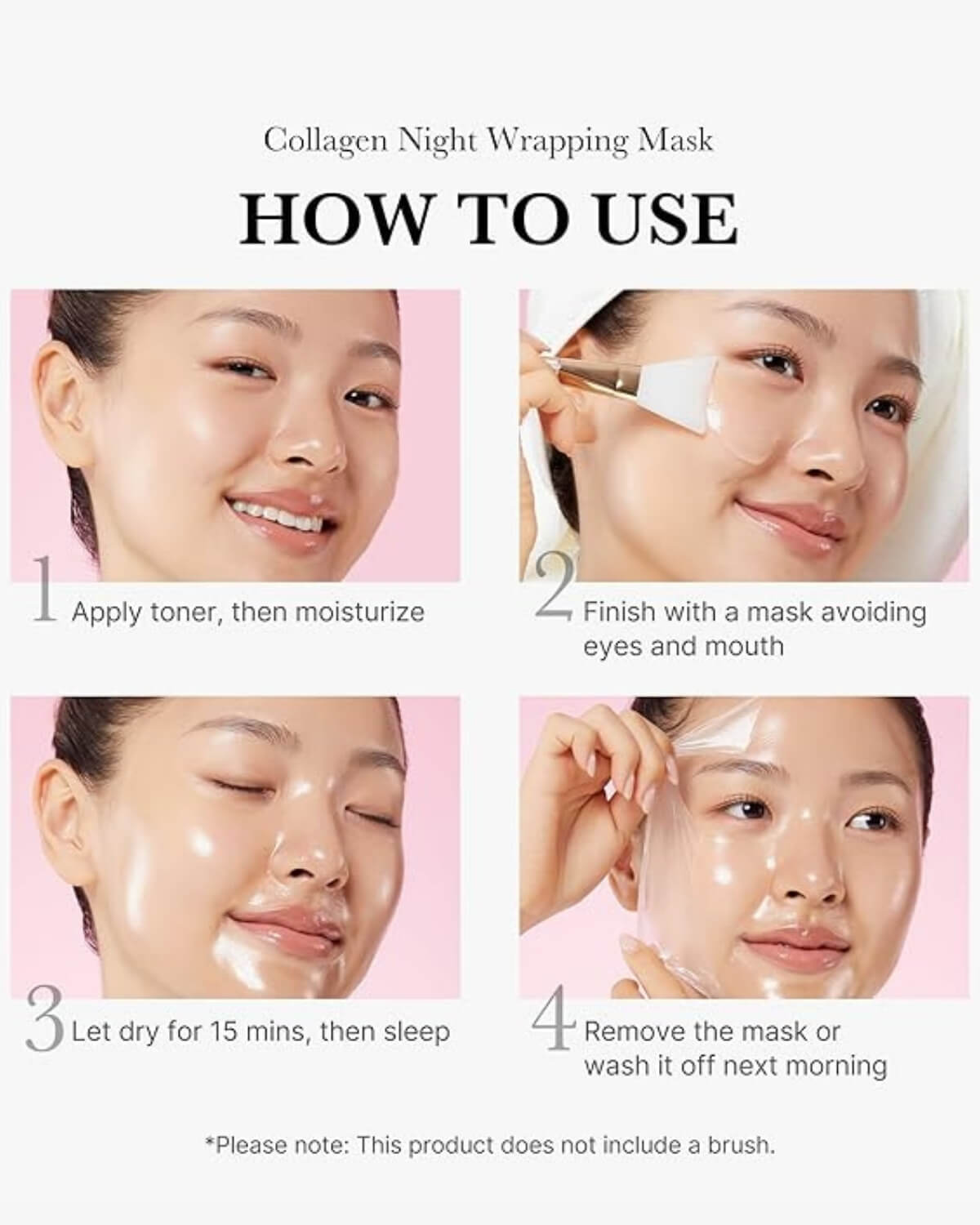 Medicube Collagen Night Wrapping Mask, infographic, how to use - after cleansing and toning, apply mask, let dry, then remove or wash it off the next morning, model showing steps on how to use product