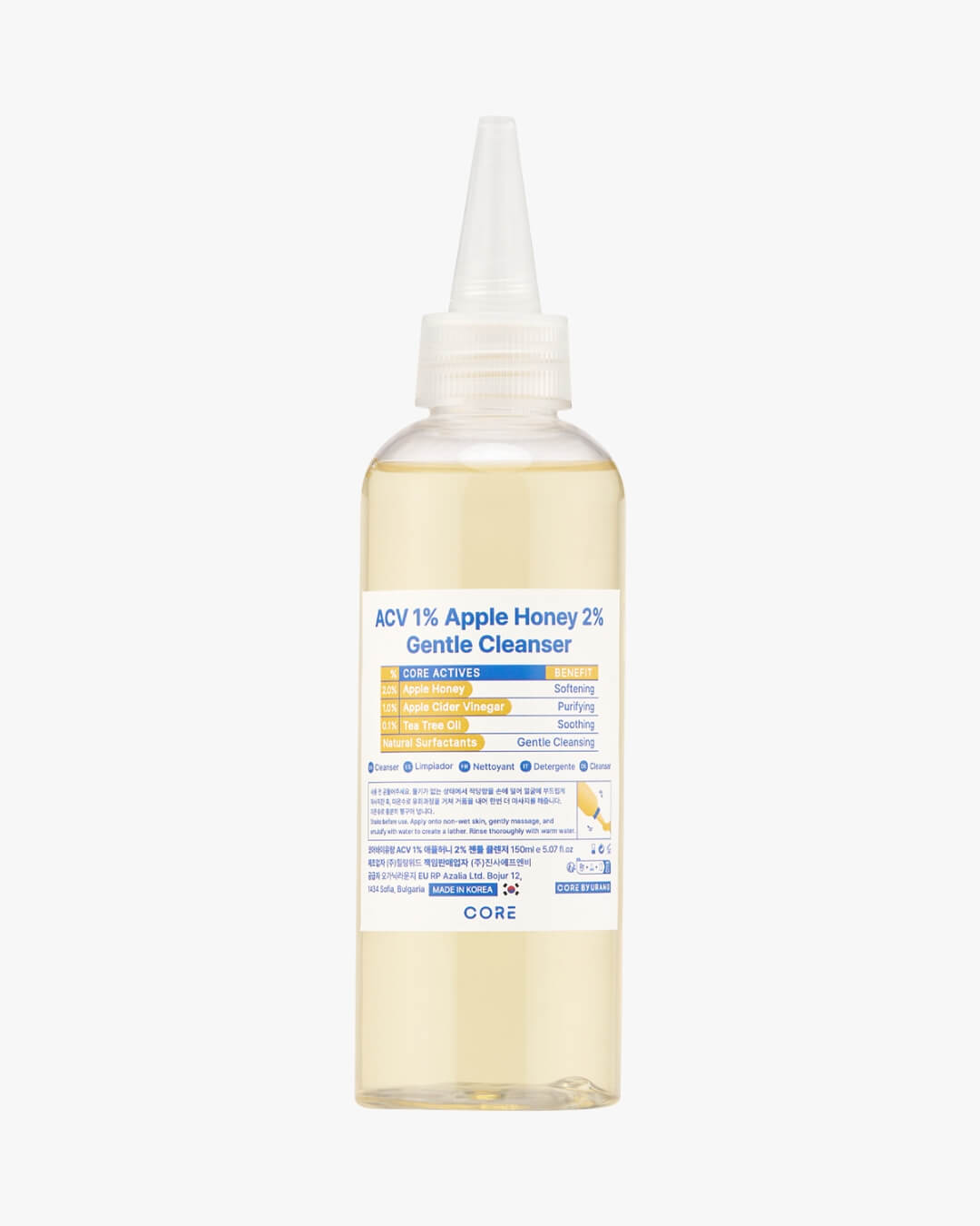 A clear, full-front studio shot of the CORE ACV 1% Apple Honey 2% Gentle Cleanser bottle, clearly showing the product name, core ingredients, and benefits on the label.