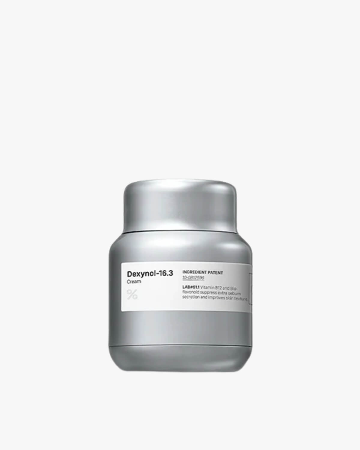 Studio shot of the Percent Science Dexynol-16.3 Cream in its short, rounded, silver metallic jar. The label lists the product name and key ingredient information.