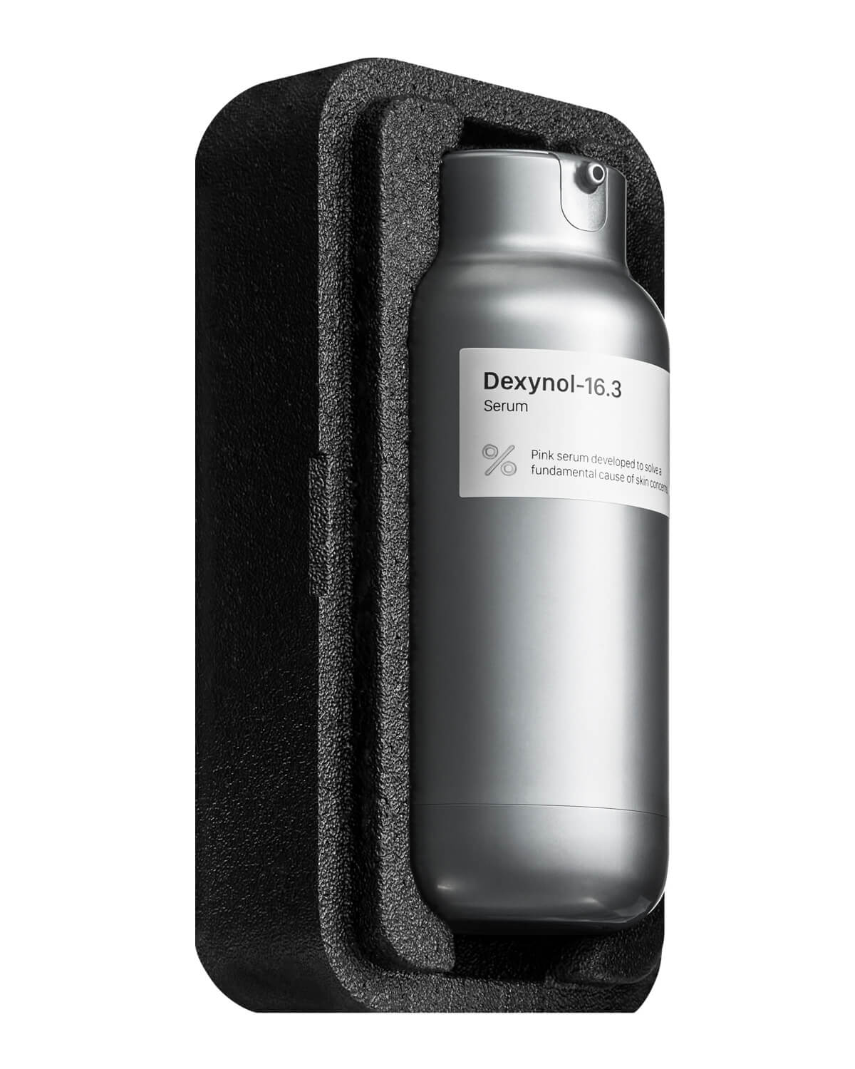 The Dexynol-16.3 Serum silver pump bottle is shown secured inside its black, custom-cut foam packaging insert.