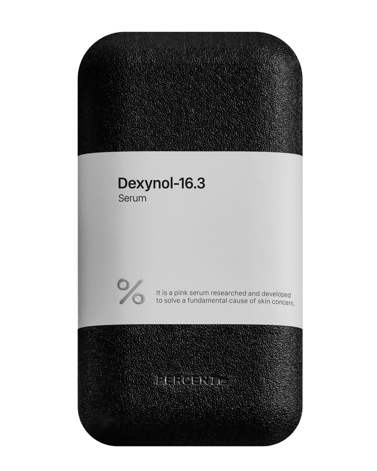 The front of the black, textured, rectangular outer packaging for the Dexynol-16.3 Serum, featuring a white label with the product name and description, and the signature percent (%) logo.