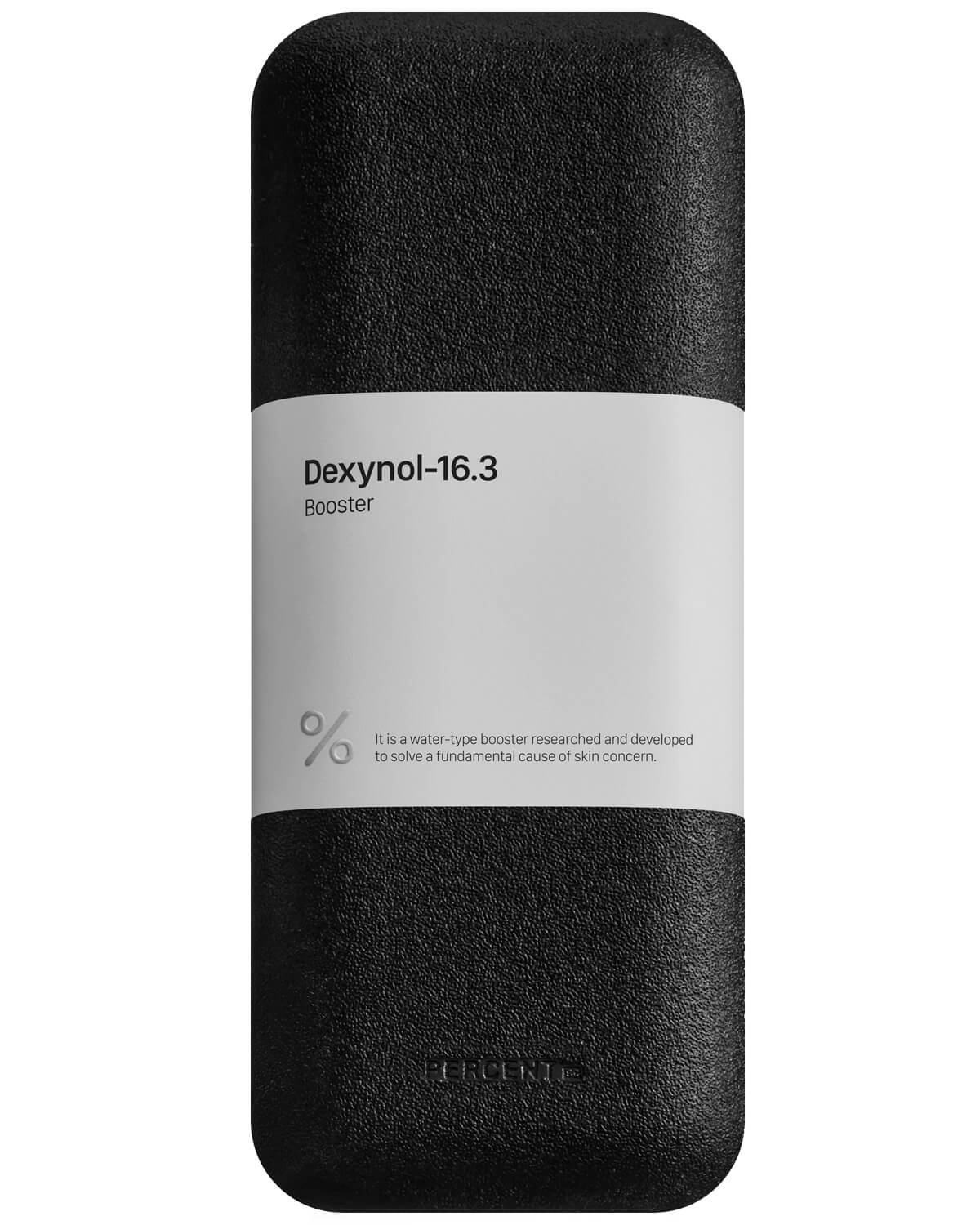 The front of the rectangular black outer packaging for the Dexynol-16.3 Booster Essence, featuring a white label band with the product name and description: 'It is a water-type booster researched and developed to solve a fundamental cause of skin concern.'