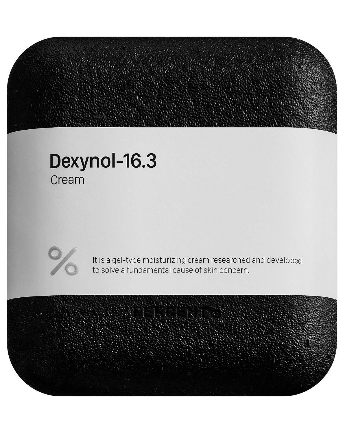 The front of the square black, textured outer packaging for the Dexynol-16.3 Cream, with a white label band describing it as a "gel-type moisturizing cream."