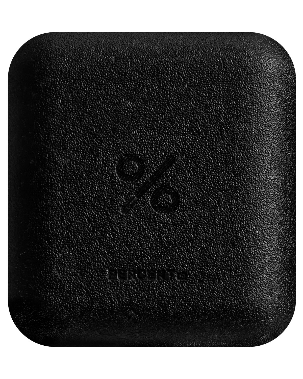 The back of the square black, textured outer packaging for the cream, featuring an embossed percent (%) logo in the center and the brand name at the bottom.