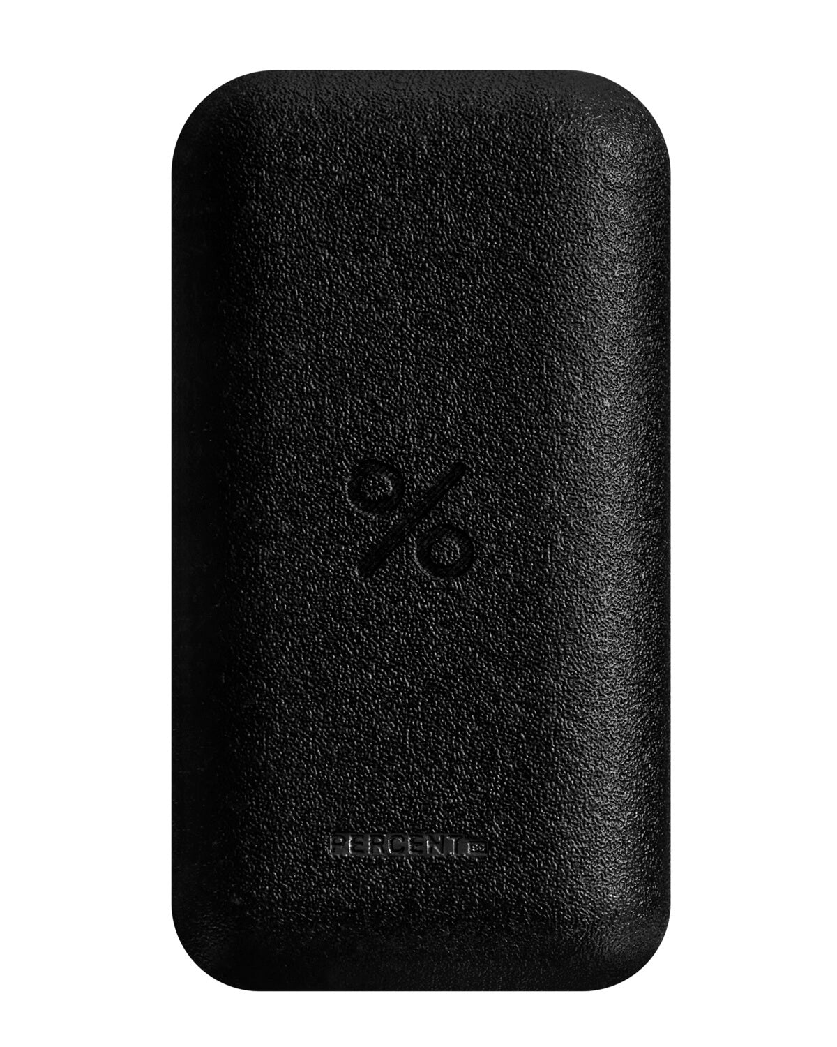 The back of the Percent Science black, textured, rectangular outer packaging for the serum, featuring an embossed percent (%) logo and the brand name at the bottom.