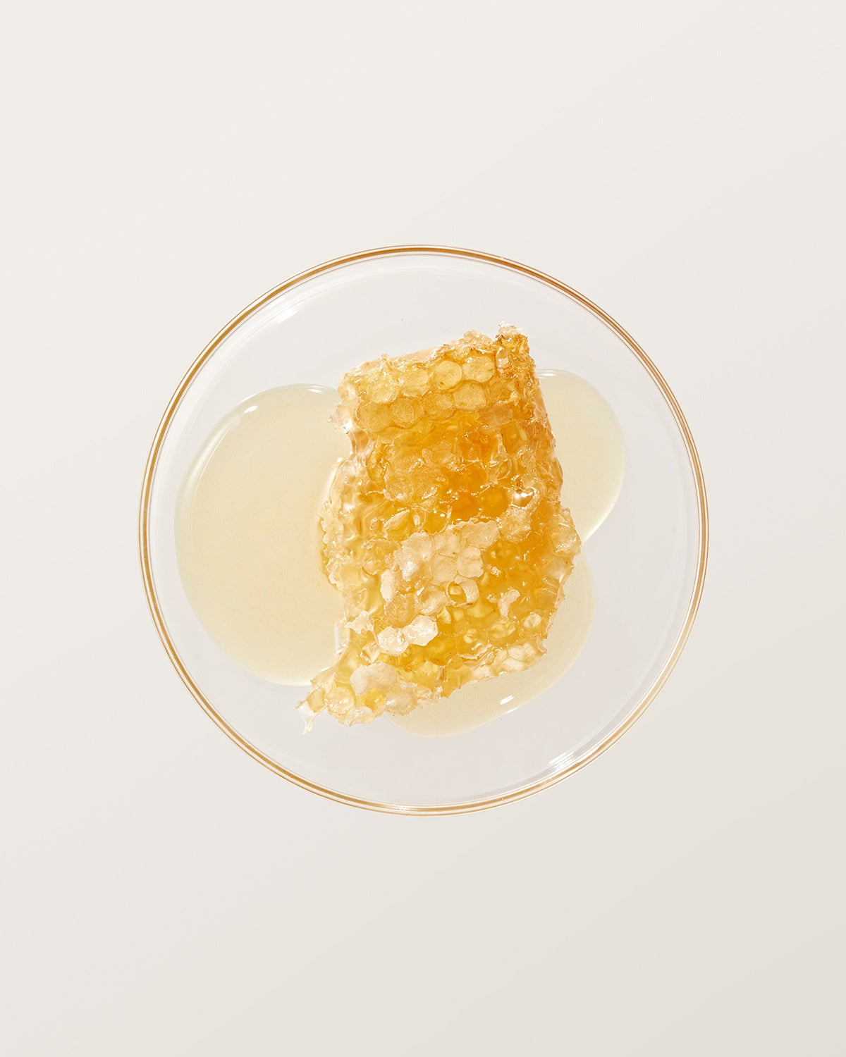 Honeycomb piece resting on a glass dish with drops of Royal Jelly and Propolis extract ampoule.