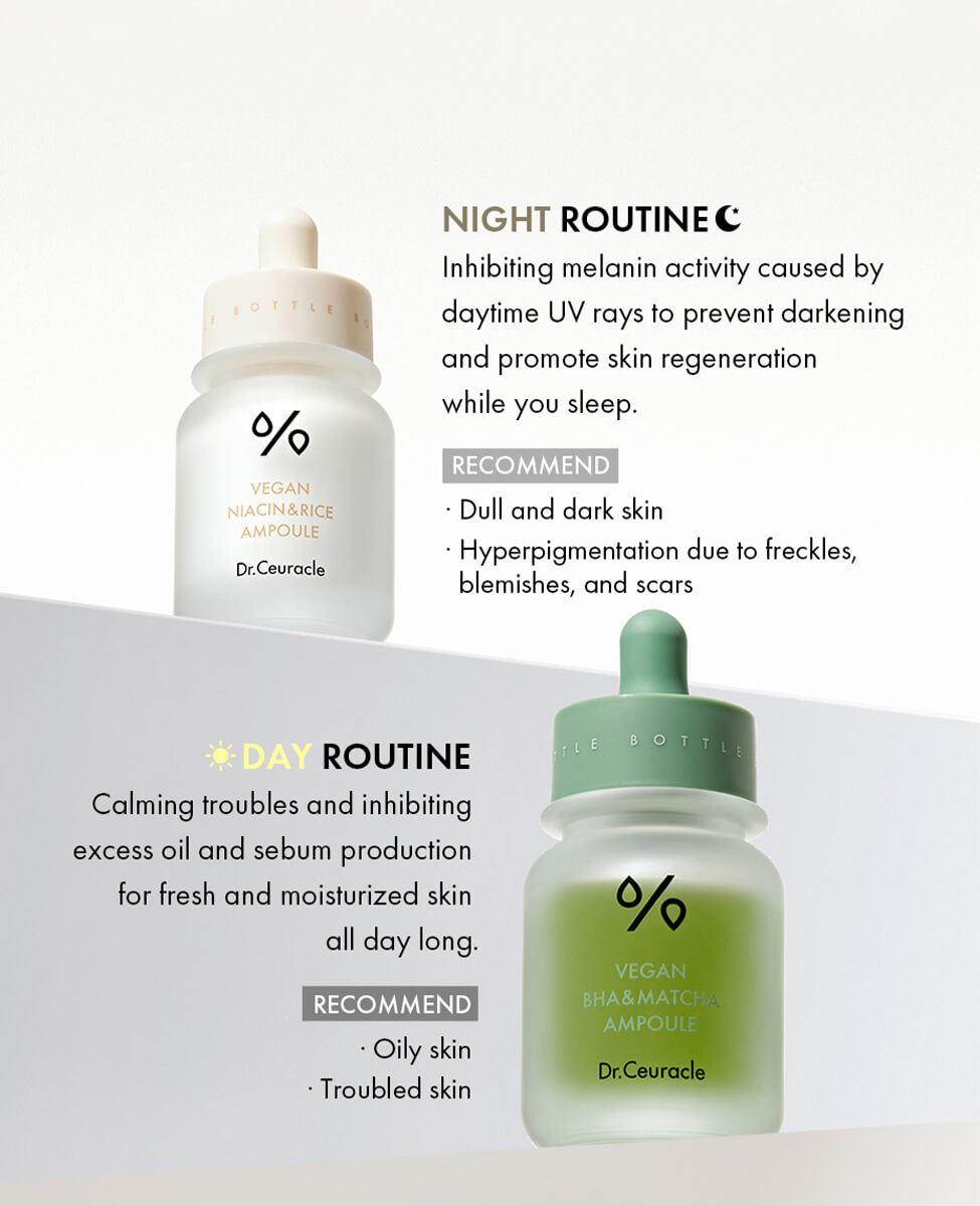 Ohlolly Best Korean Skincare Dr. Ceuracle Vegan Ampoule Duo Niacin & Rice and BHA & Matcha Treatments for All Skin Types