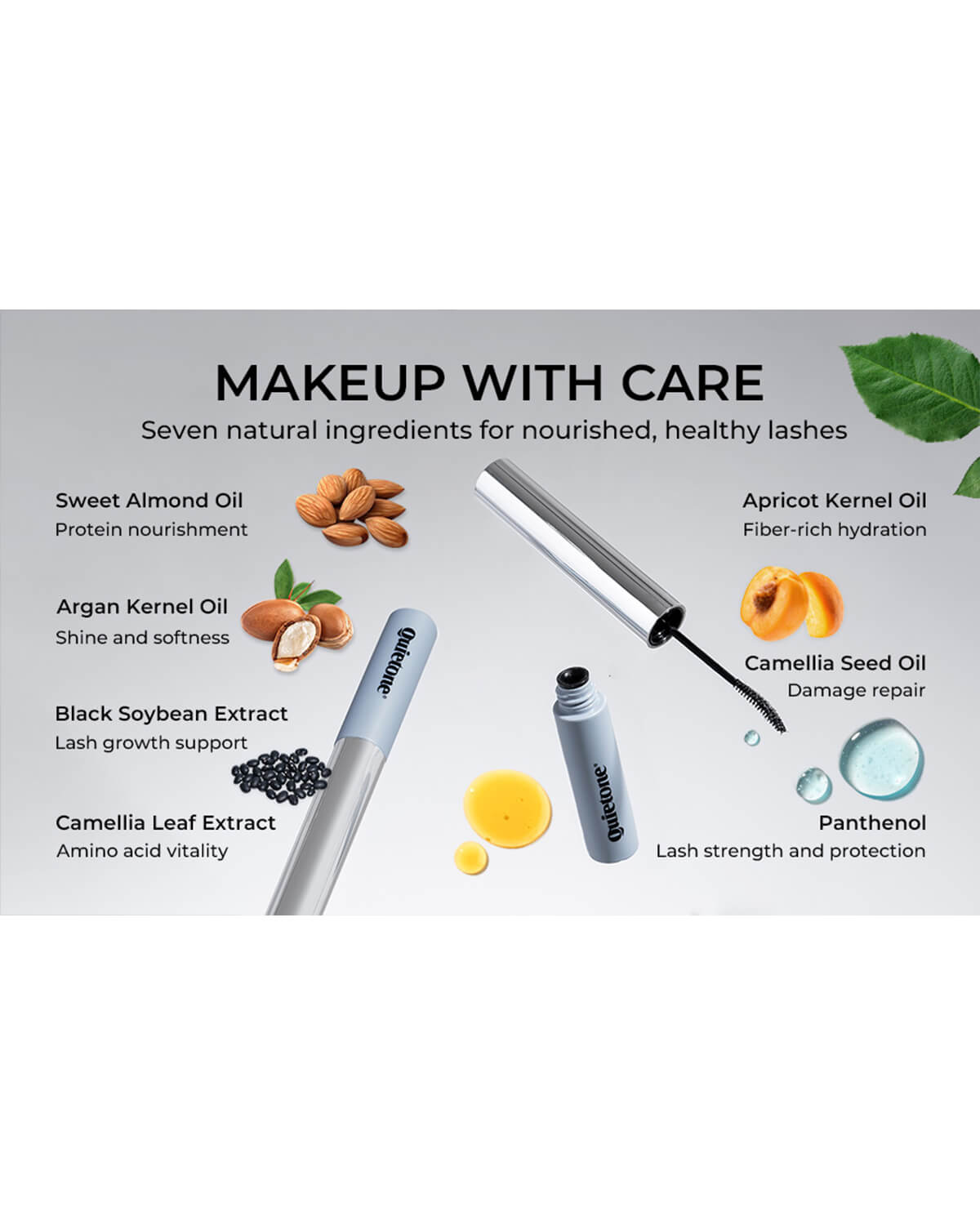 Seven natural lash-nourishing ingredients including argan oil and panthenol in Quietone Expandable Edge Mascara.