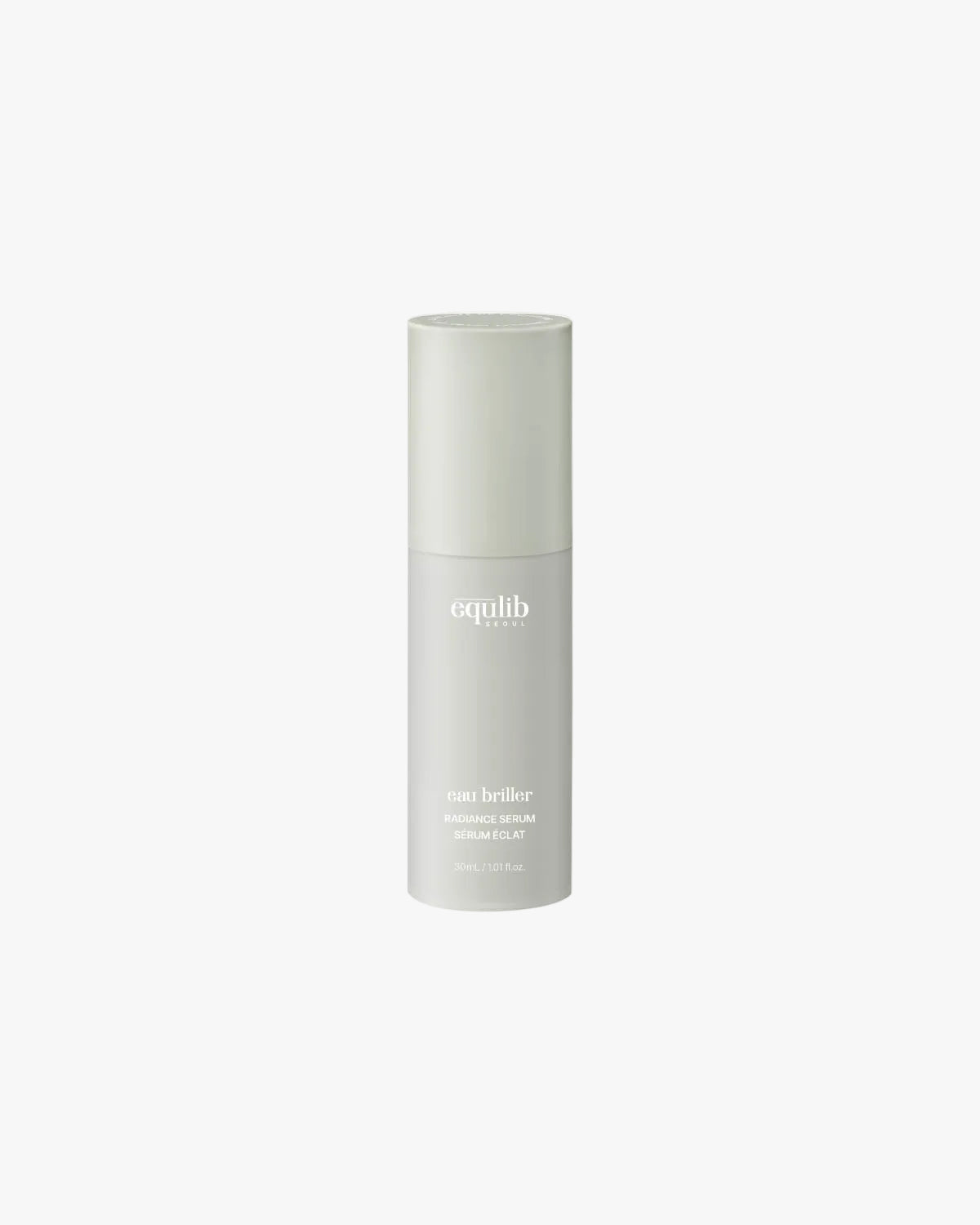 Equlib Eau Briller Radiance Serum bottle in a minimalist matte gray design isolated on a clean white background.