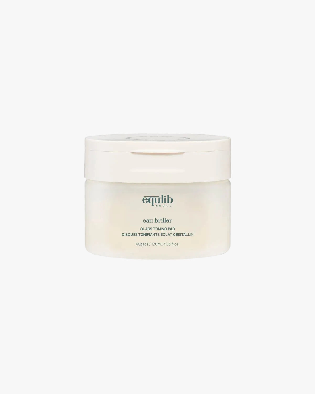 Equlib Eau Briller Glass Toning Pad tub containing 60 facial pads isolated on a clean white background.