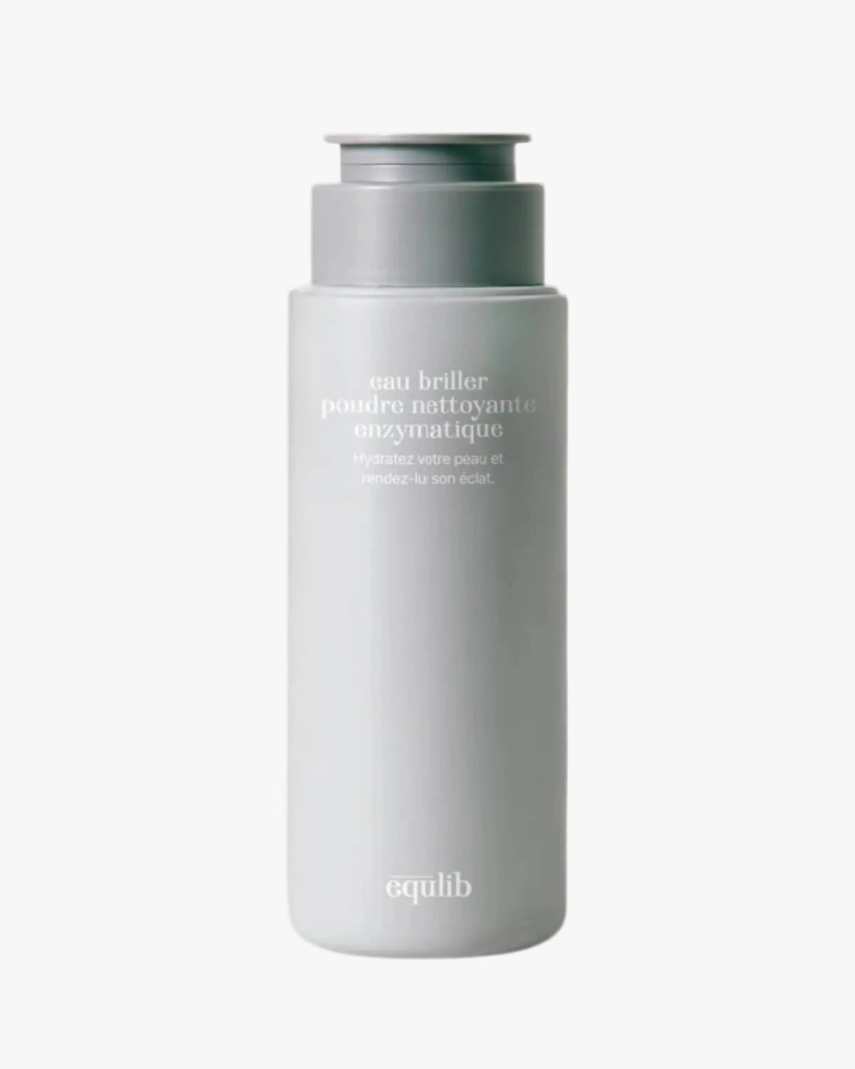 Equlib eau briller enzyme powder wash bottle isolated on white background. Minimalist grey skincare cleanser packaging.