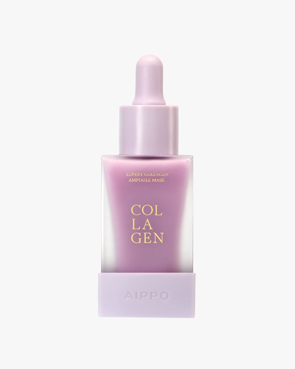 A clear, rectangular, dropper bottle of Aippo Expert Collagen Ampoule Mask. The bottle contains a light purple liquid and is nestled in a matching light purple base, with "COLLAGEN" printed in gold on the label.