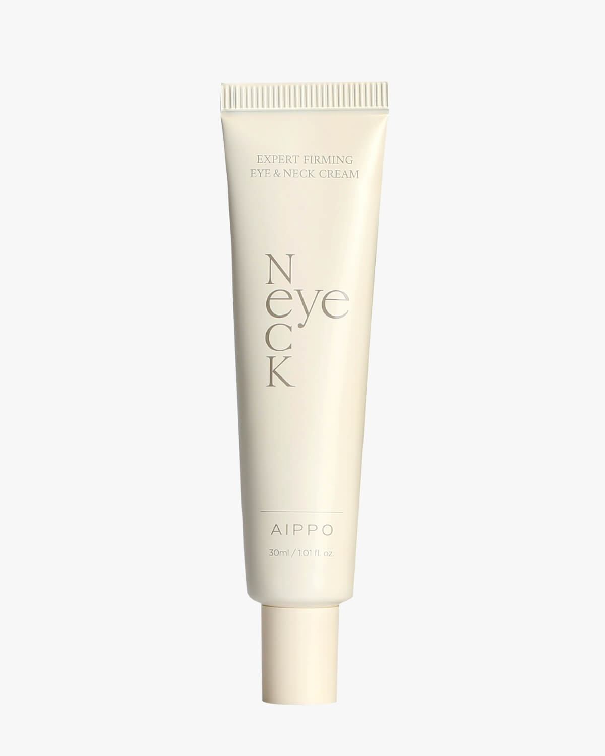 A full, front-facing studio shot of the Aippo Expert Firming Eye & Neck Cream in a minimalist, soft beige tube with the word "Neck Eye" prominently displayed.