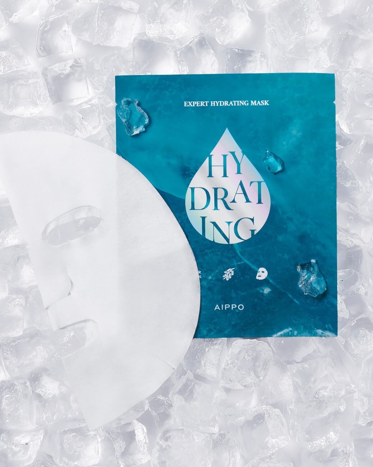 AIPPO Expert Hydrating Mask packet and sheet mask on a bed of ice cubes. Cooling mask for intense moisture and soothing.
