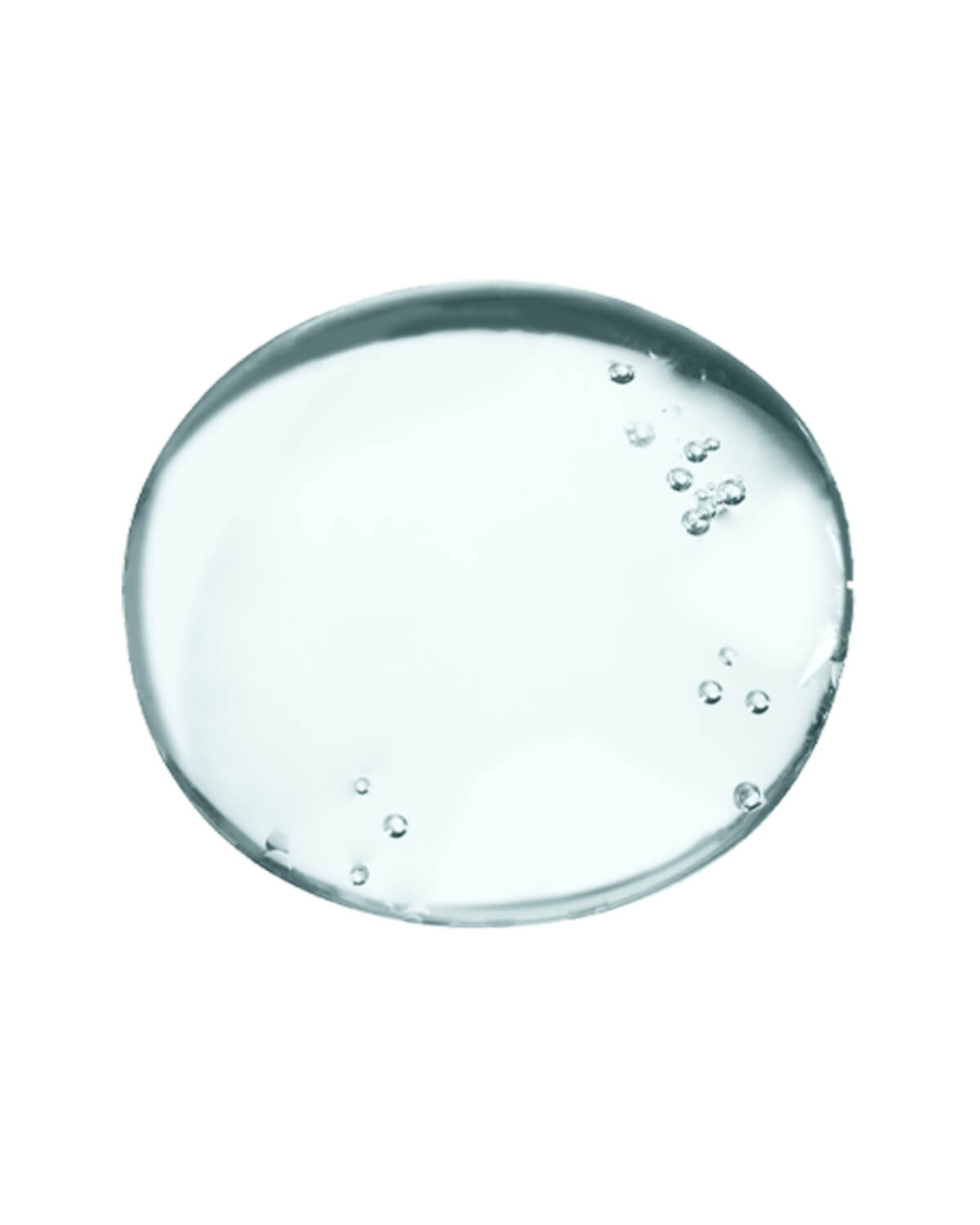 An extreme close-up of a large, circular droplet of the clear, light blue-tinted ampoule liquid, showing tiny air bubbles suspended within it against a pure white background.