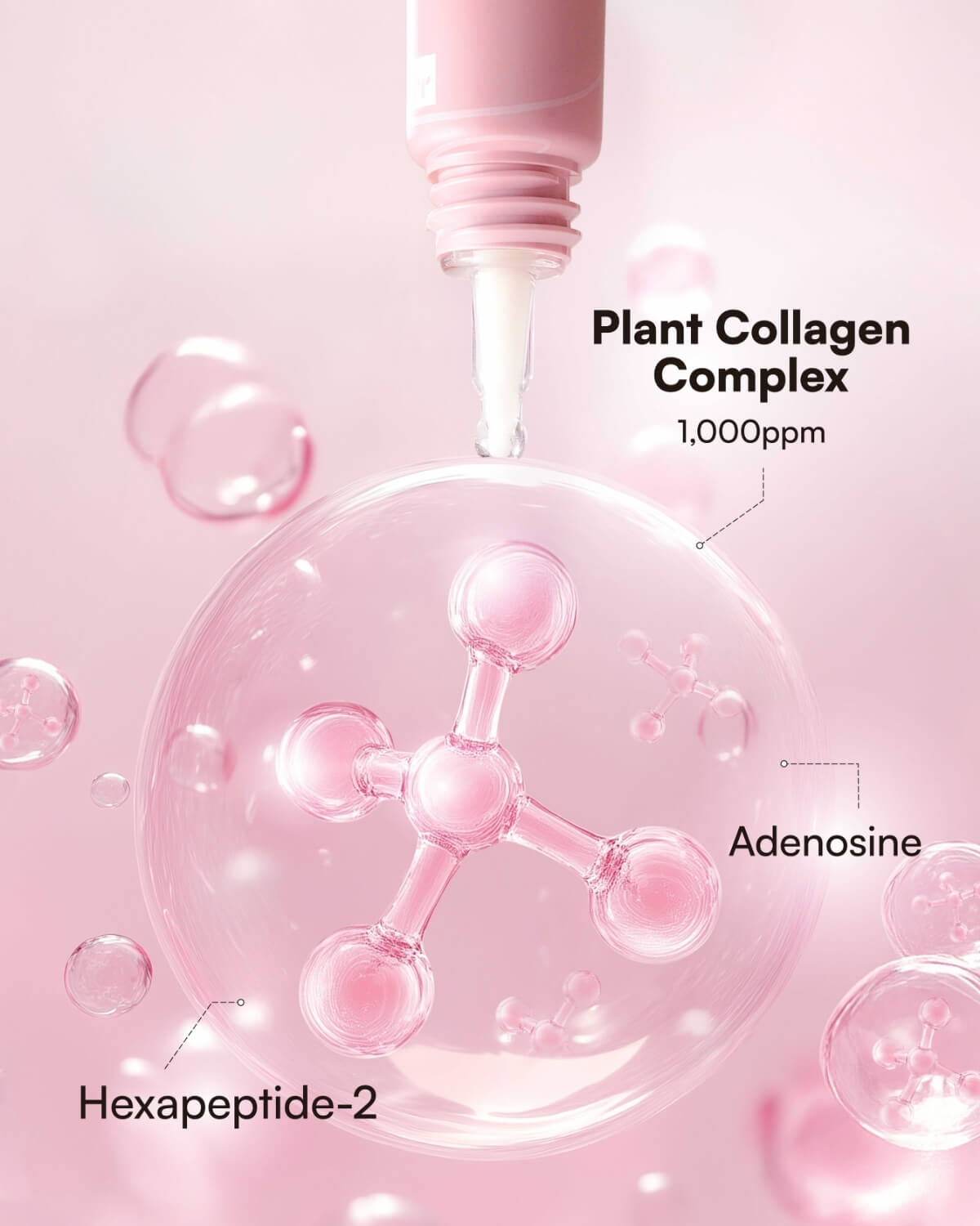 Key ingredients of Face Republic eye booster including Plant Collagen Complex, Hexapeptide-2, and Adenosine.