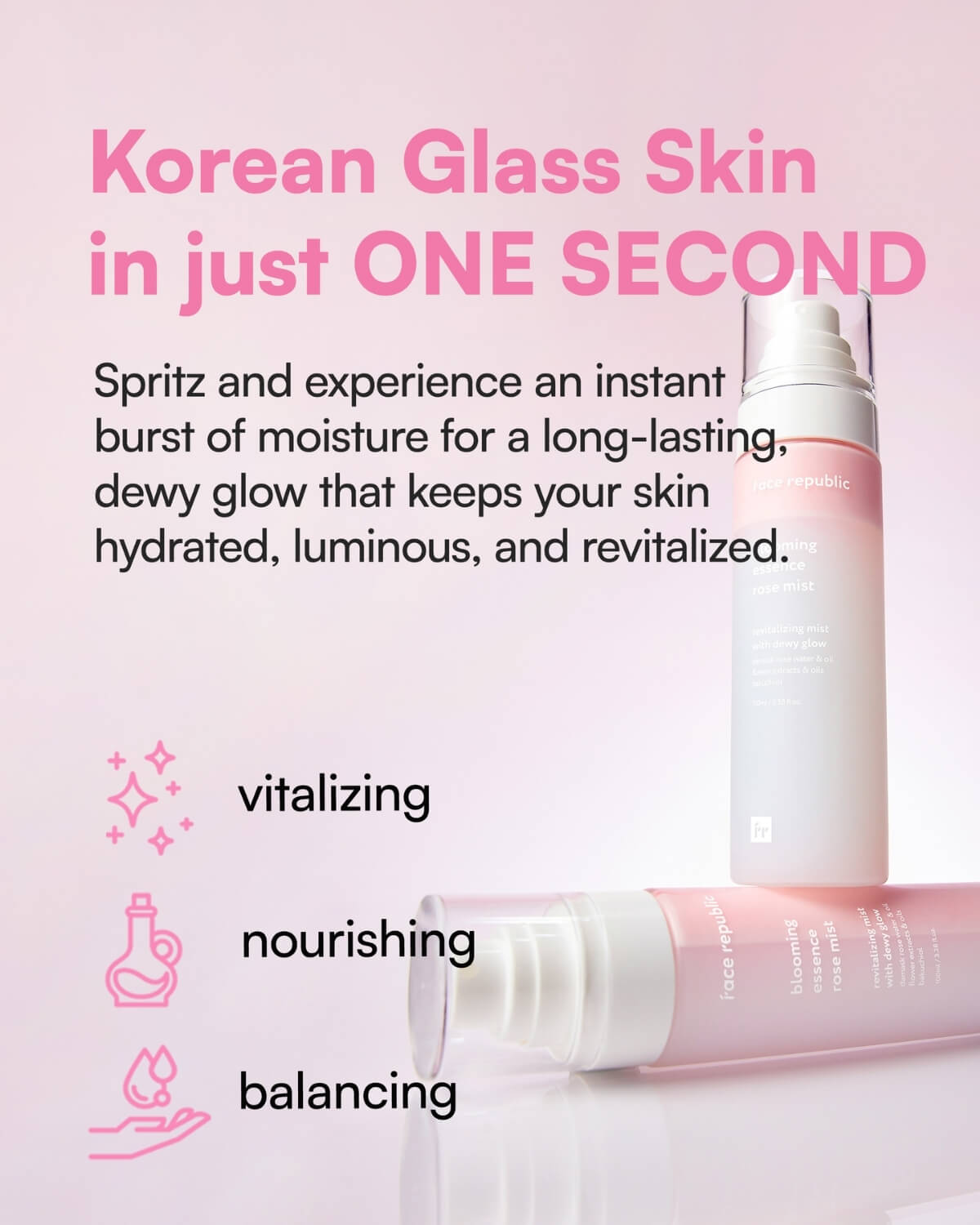 Product benefits of Face Republic Rose Mist for Korean glass skin, vitalizing, and balancing.