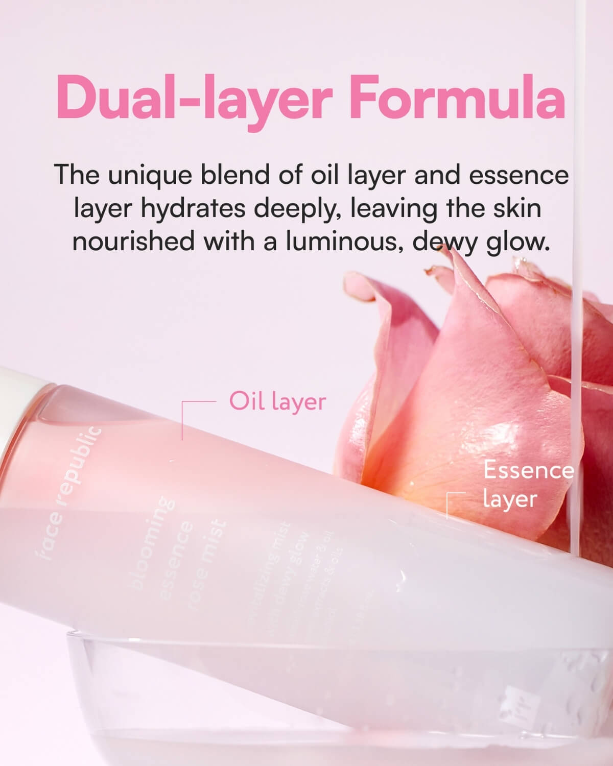 Close-up showing the dual-layer formula of oil and essence in Face Republic Rose Mist.