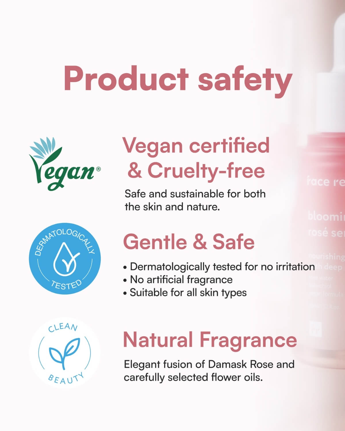 Product safety labels: Vegan certified, Cruelty-free, and Dermatologically tested.