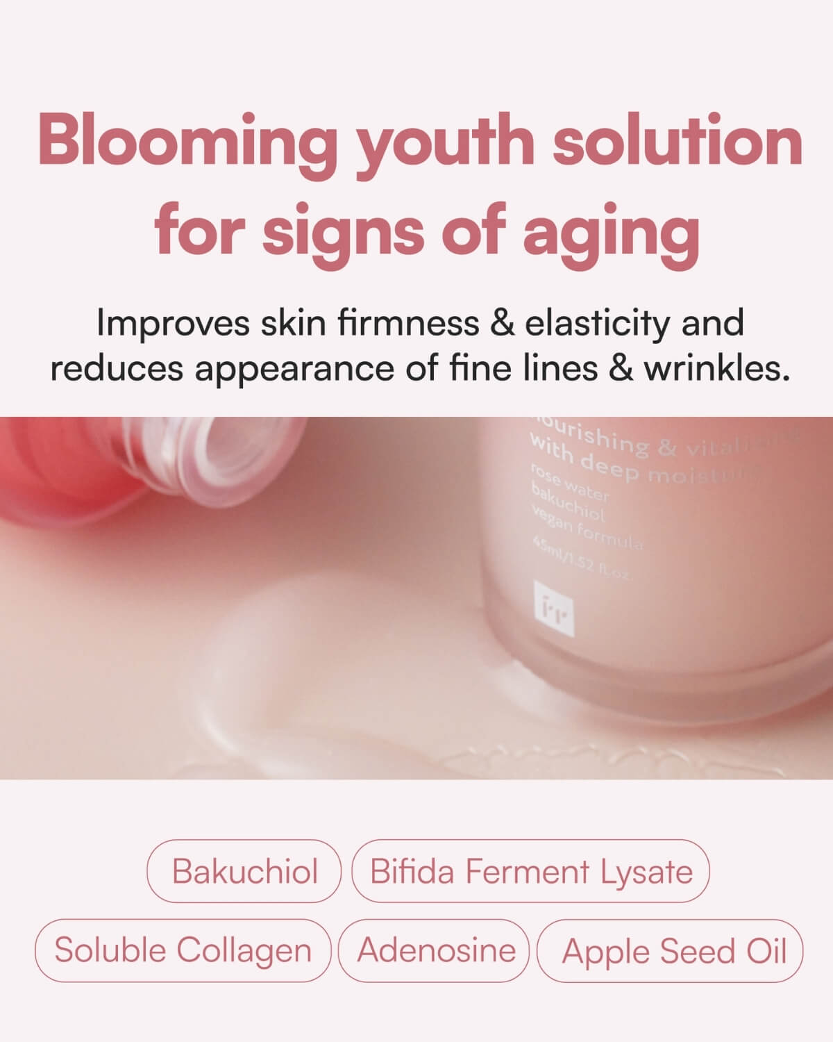 Key ingredients for signs of aging: Bakuchiol, Bifida Ferment, and Soluble Collagen.