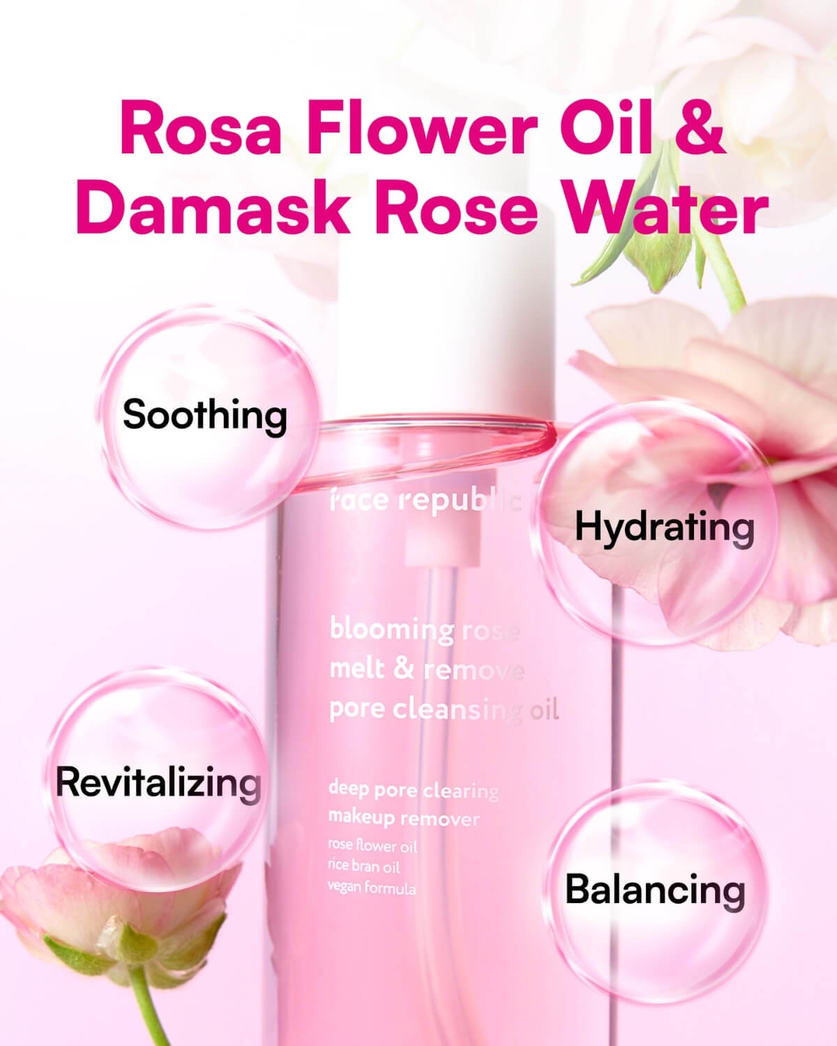 Key benefits of Rosa Flower Oil and Damask Rose Water: soothing, hydrating, revitalizing, and balancing.