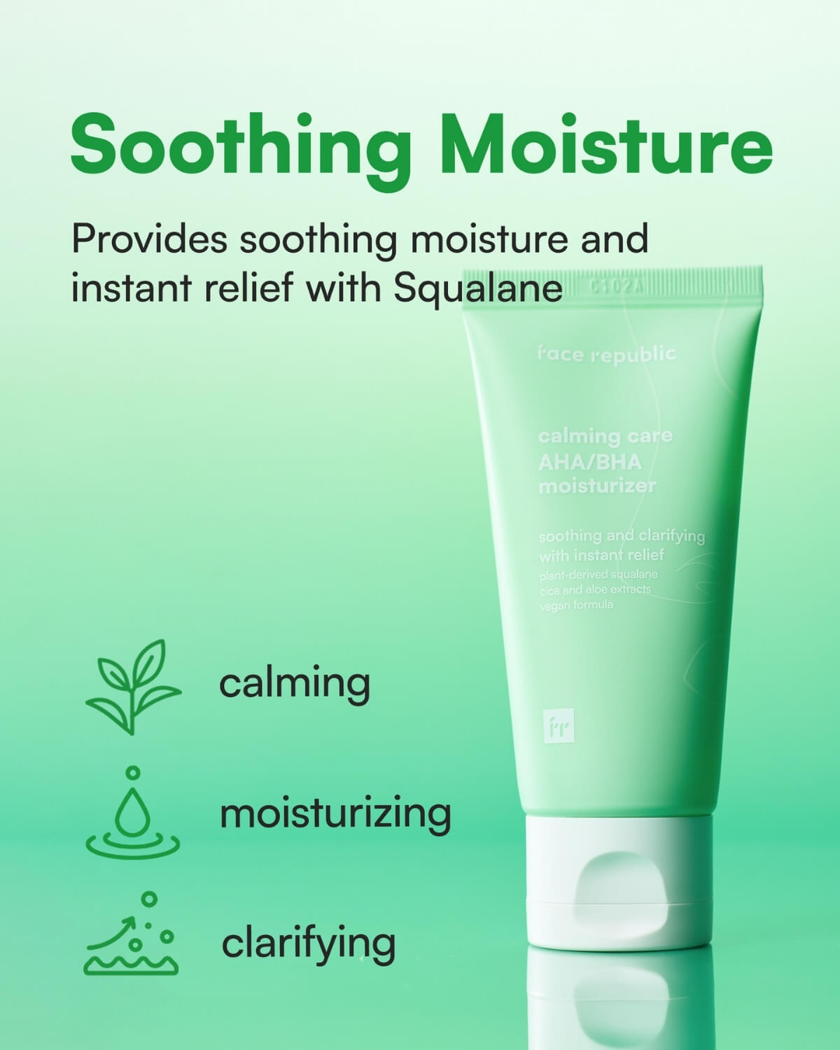 Product features graphic for Face Republic moisturizer highlighting calming, moisturizing, and clarifying benefits.