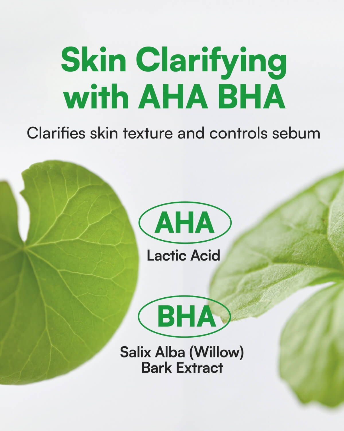 Skin clarifying infographic showing Lactic Acid (AHA) and Willow Bark Extract (BHA) ingredients.