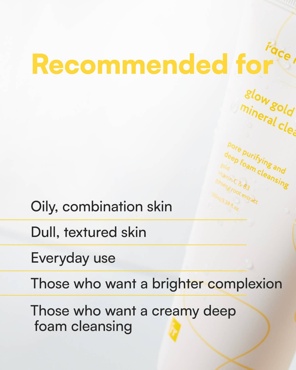 Recommended use cases for Face Republic Glow Gold Mineral Cleanser, including oily, combination, and dull skin types.