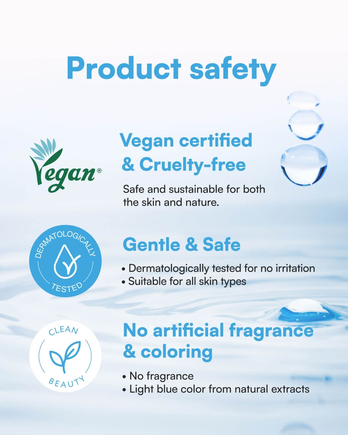 Product safety icons for Vegan, Dermatologically Tested, and Clean Beauty.
