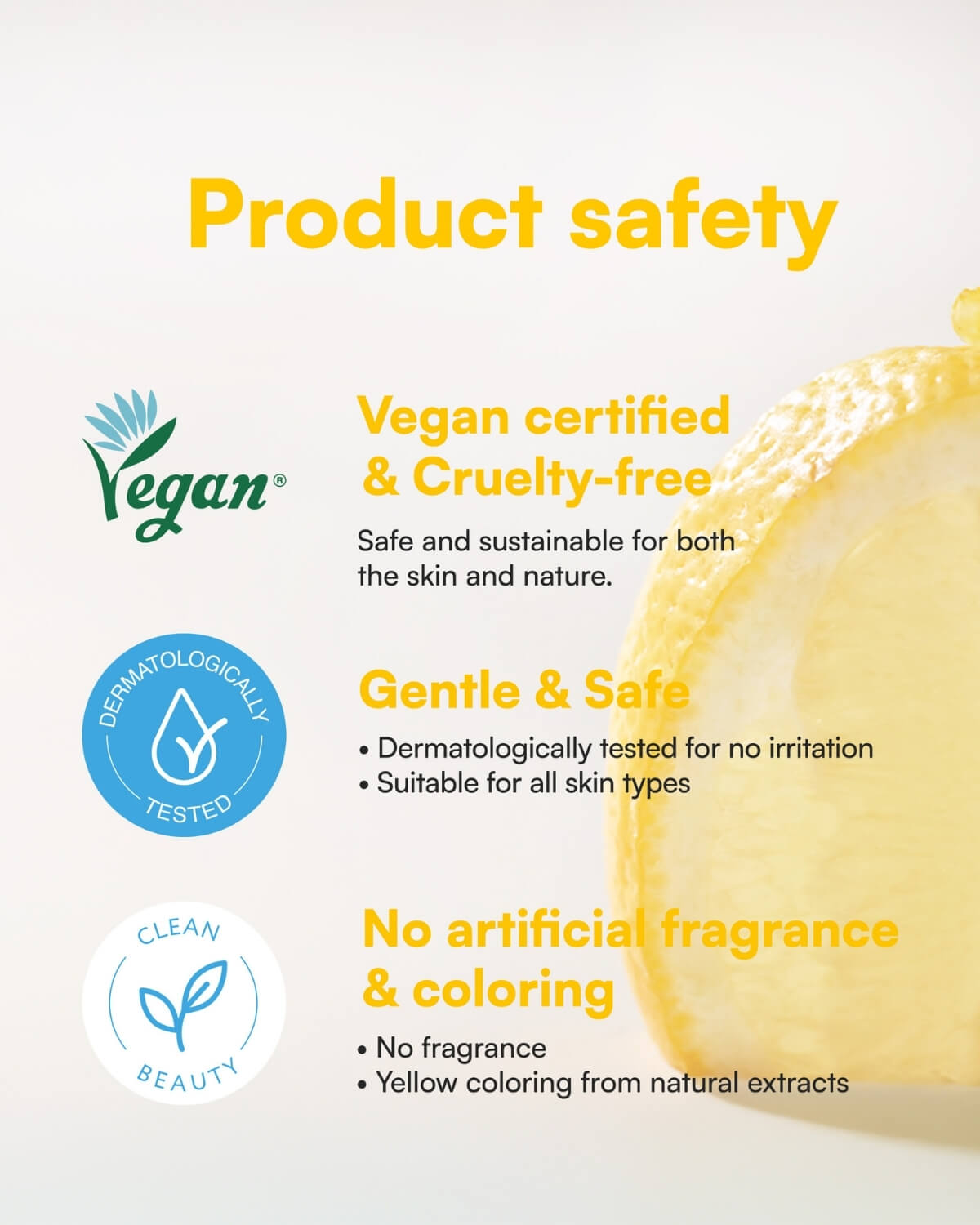 Product safety infographic highlighting vegan certified, cruelty-free, and dermatologically tested features.