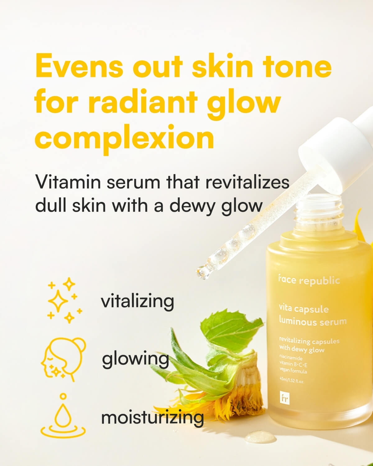 Infographic showing serum benefits: vitalizing, glowing, and moisturizing for radiant skin.