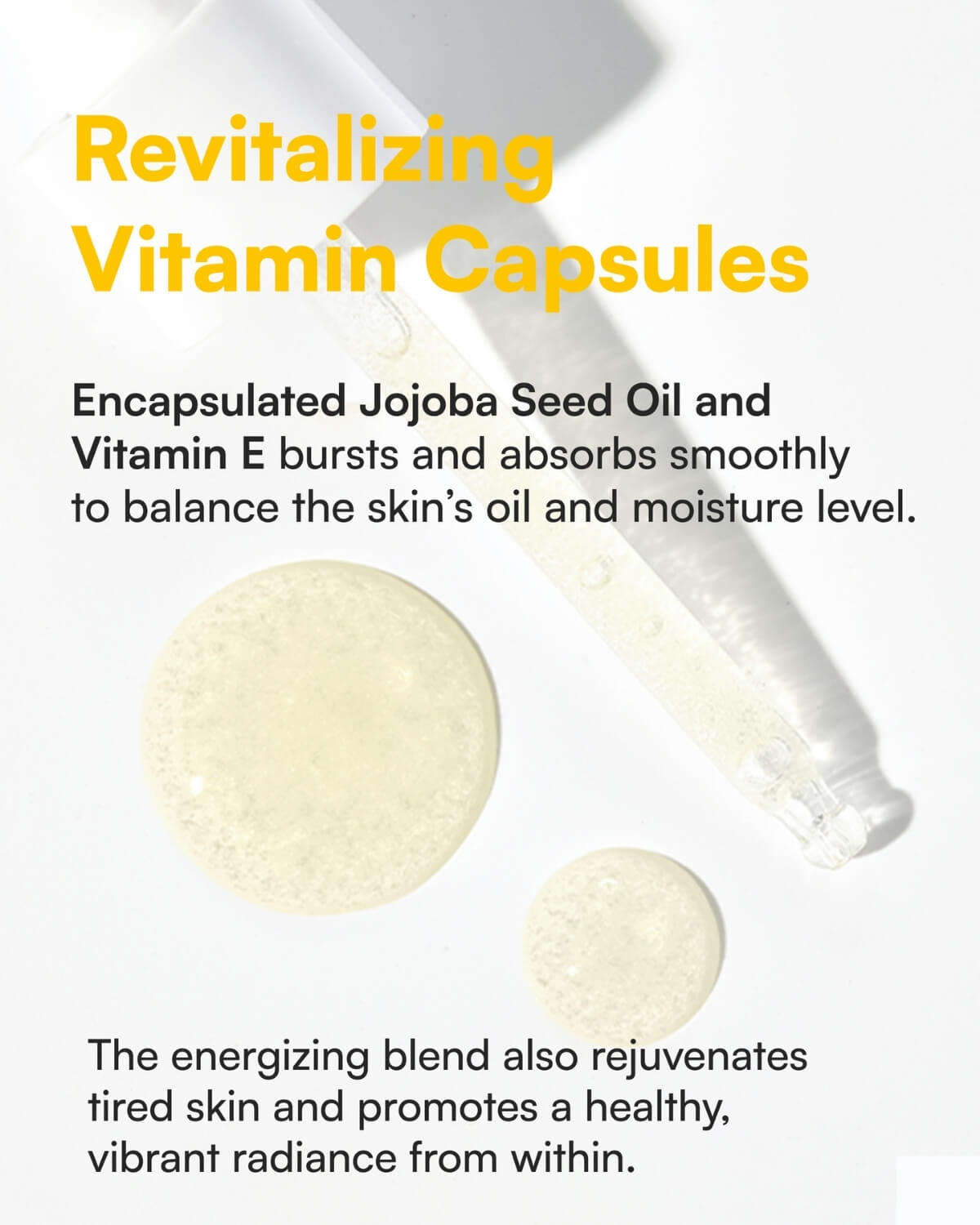 Close-up of encapsulated Jojoba Seed Oil and Vitamin E capsules in the serum.