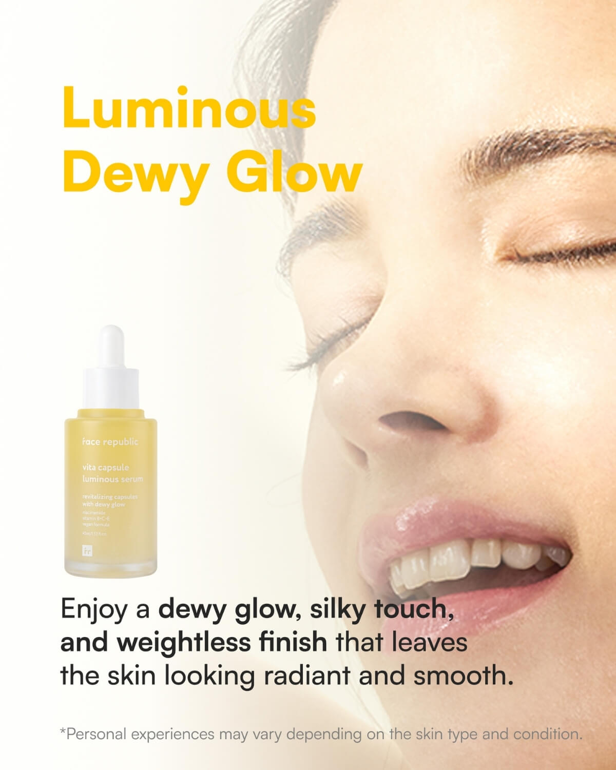 Woman with glowing skin showcasing the dewy finish of the Luminous Serum.
