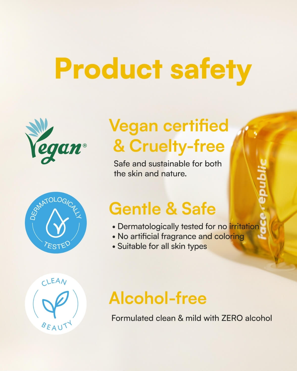Product safety labels for Face Republic toner: Vegan, Dermatologically Tested, and Alcohol-free.