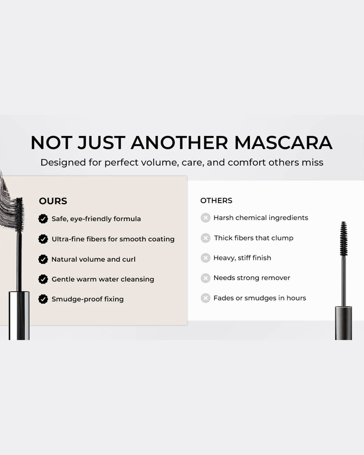 Comparison chart highlighting Quietone volumizing mascara features versus standard traditional mascaras.