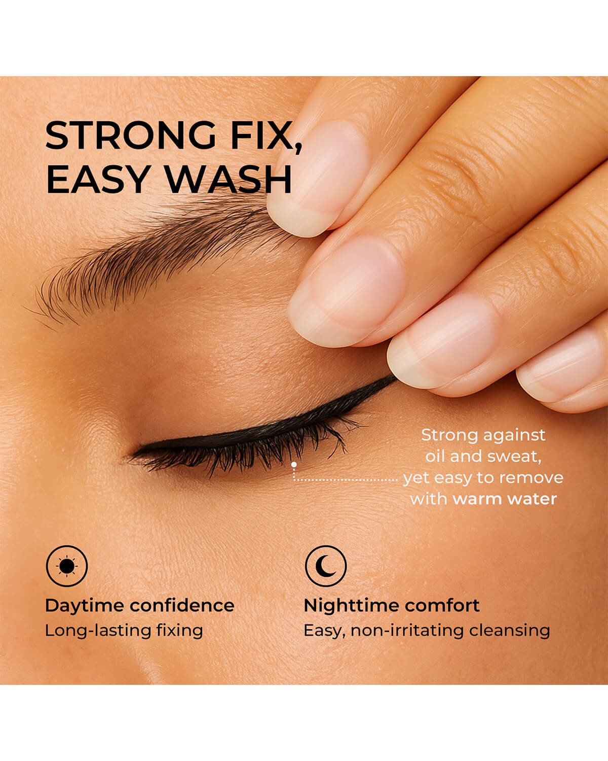 Close-up of eye showing smudge-resistant mascara benefits with long-lasting hold and warm water removal.