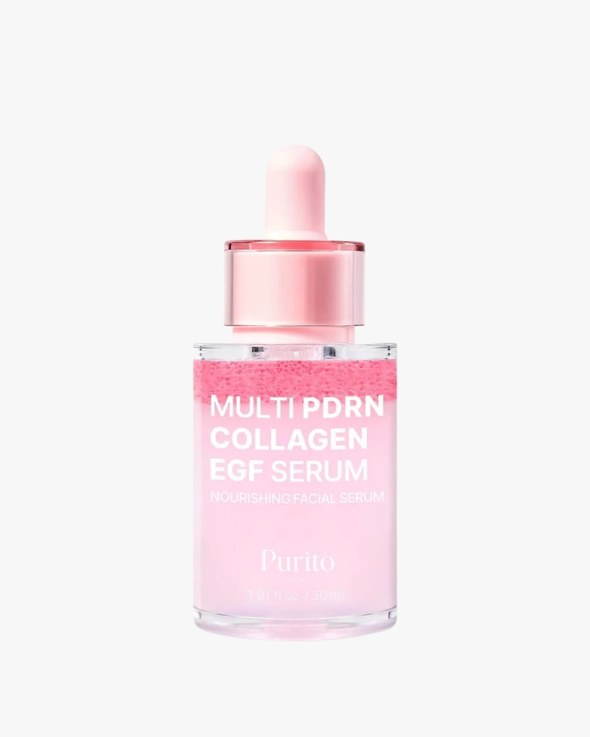 Purito Multi PDRN Collagen EGF Serum in a clear glass bottle with a pink dropper cap.