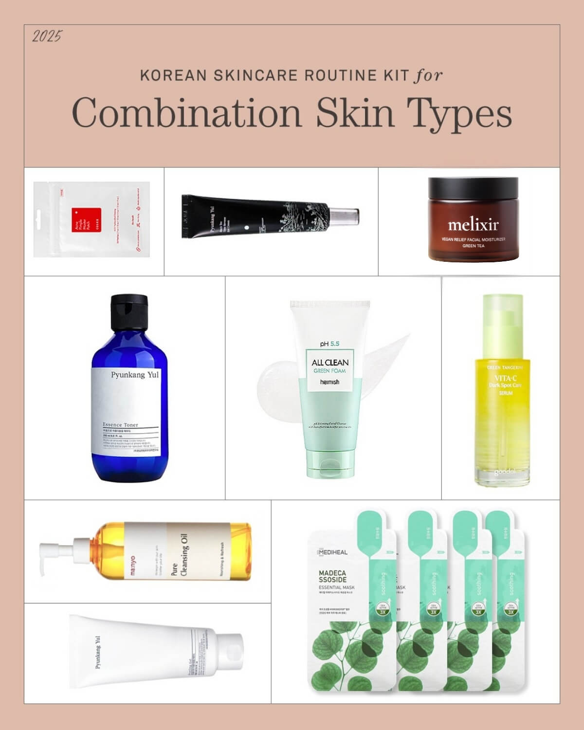 Image titled "Korean Skincare Routine Kit for Combination Skin Types" showing a flat lay of nine popular K-beauty products. The products include toner, cleansing oil, cleanser, serum, spot treatment pads, moisturizer, and sheet masks from brands like Pyunkang Yul, Heimish, and Mediheal.