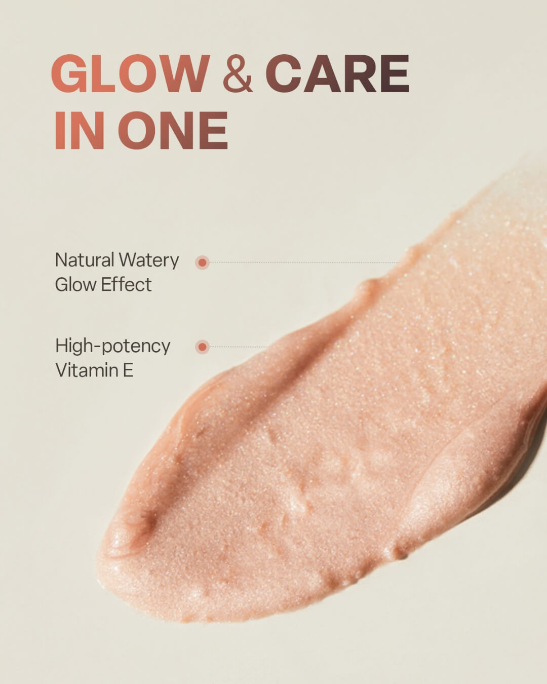 A swipe of shimmery pink cream highlighter demonstrating its natural watery glow effect and vitamin E care.