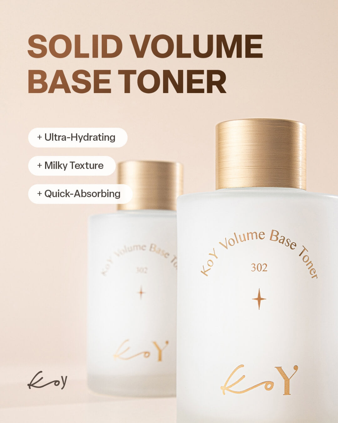 Two bottles of KoY Solid Volume Base Toner with text highlighting ultra-hydrating milky texture.
