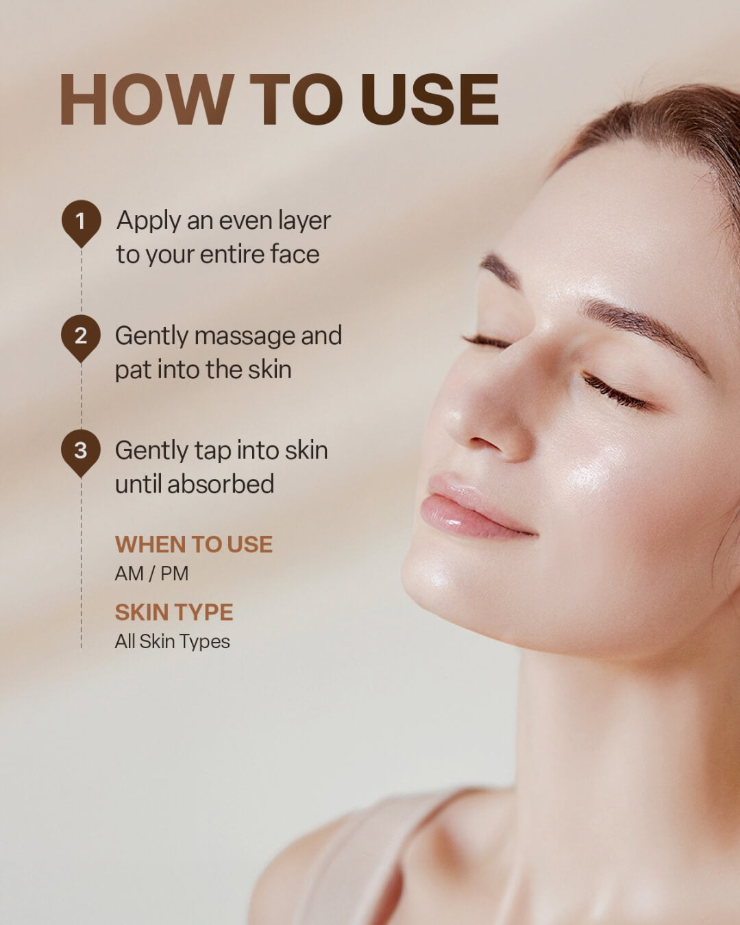 Side profile of a woman with glowing skin alongside step-by-step instructions on how to use facial toner.