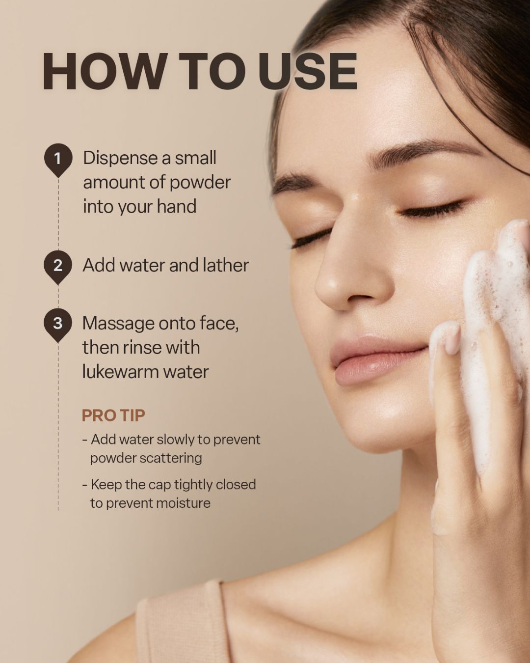 A woman applying facial foam with step-by-step instructions on how to use Koy Solid Micro Powder Wash.