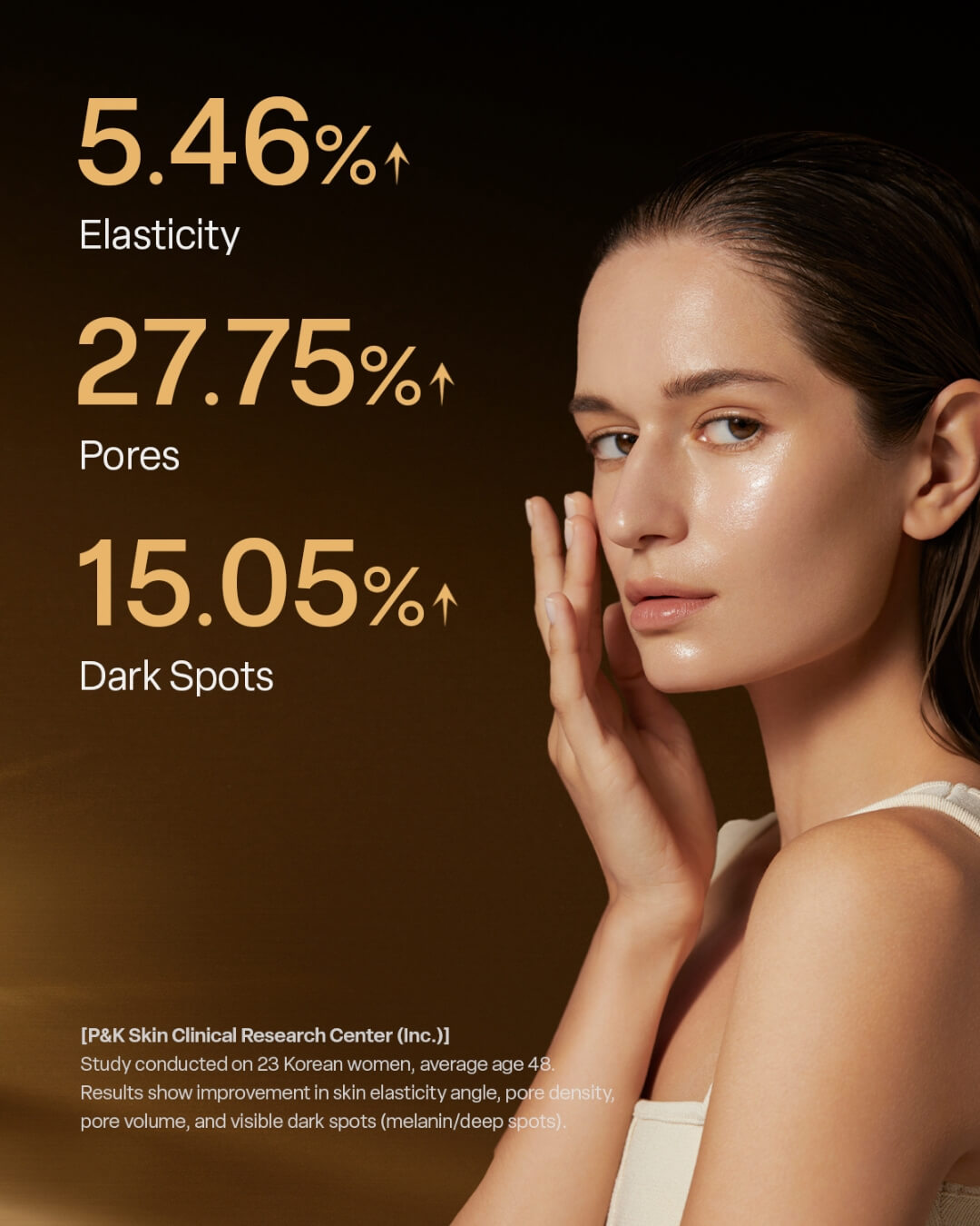 Woman with glowing skin highlighting anti-aging results for elasticity, pores, and dark spots.