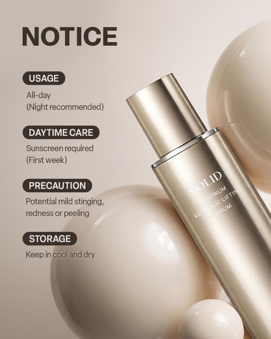 Close-up of the sleek gold Koy Solid Platinum Retinolic Lifting Serum pump on a reflective black surface.